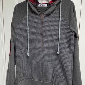 Rogue Womens Large gray hoodie with red buffalo check accents and thumbholes